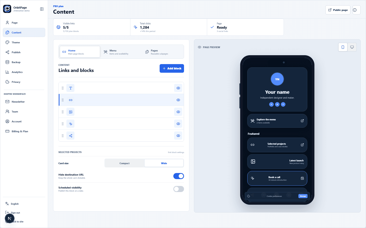 OrbitPage content workspace showing block controls and the live mobile page preview