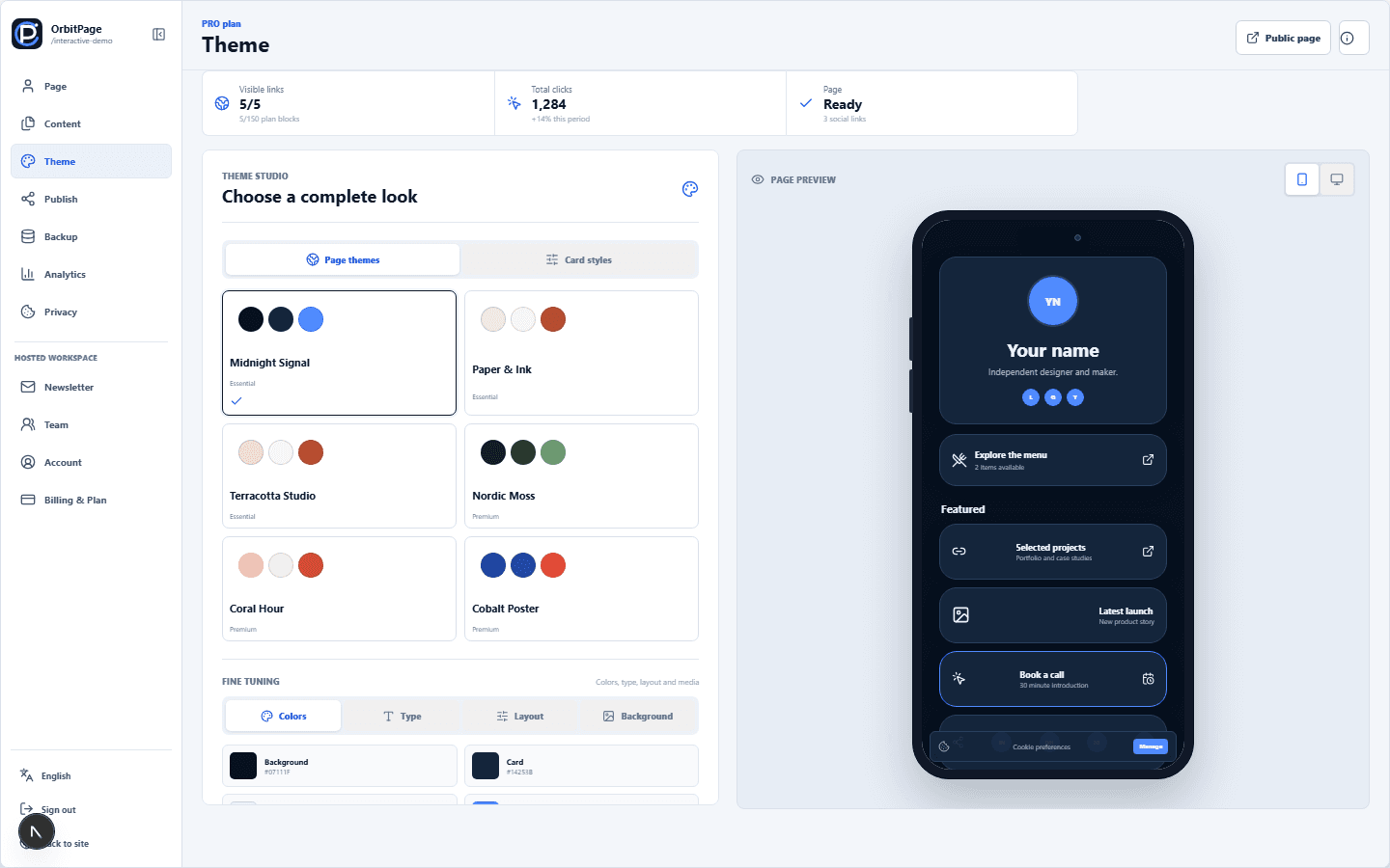 OrbitPage theme workspace with page presets and card appearance controls